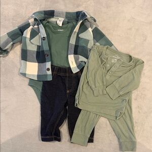 Carters Green and Blue Plaid Baby Outfit with Purely soft Pj Set | 3-6m